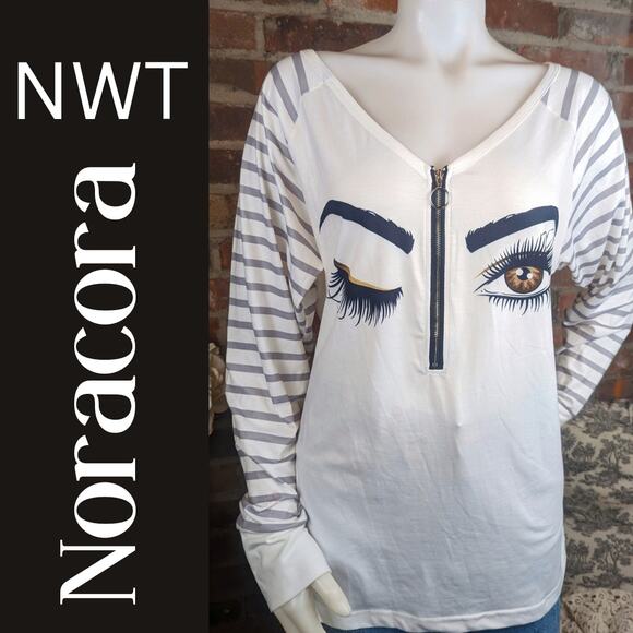 NEW Noracora Large Graphic Winking Eye Face V-Neck Long Sleeve Top Size XL - Picture 1 of 11